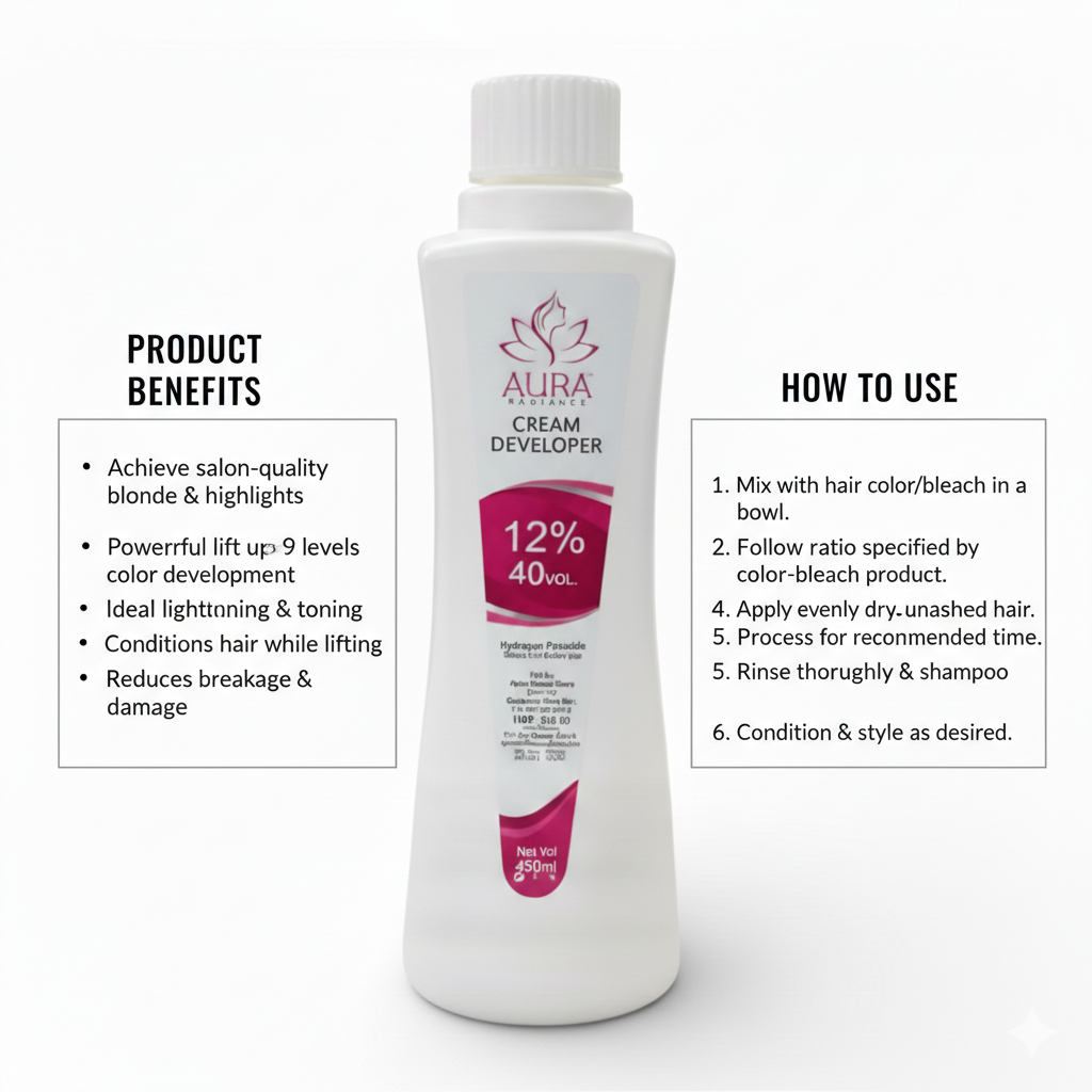 Aura radiance Cream Developer 12% 40 volume Suitable for all types of hair color tubes