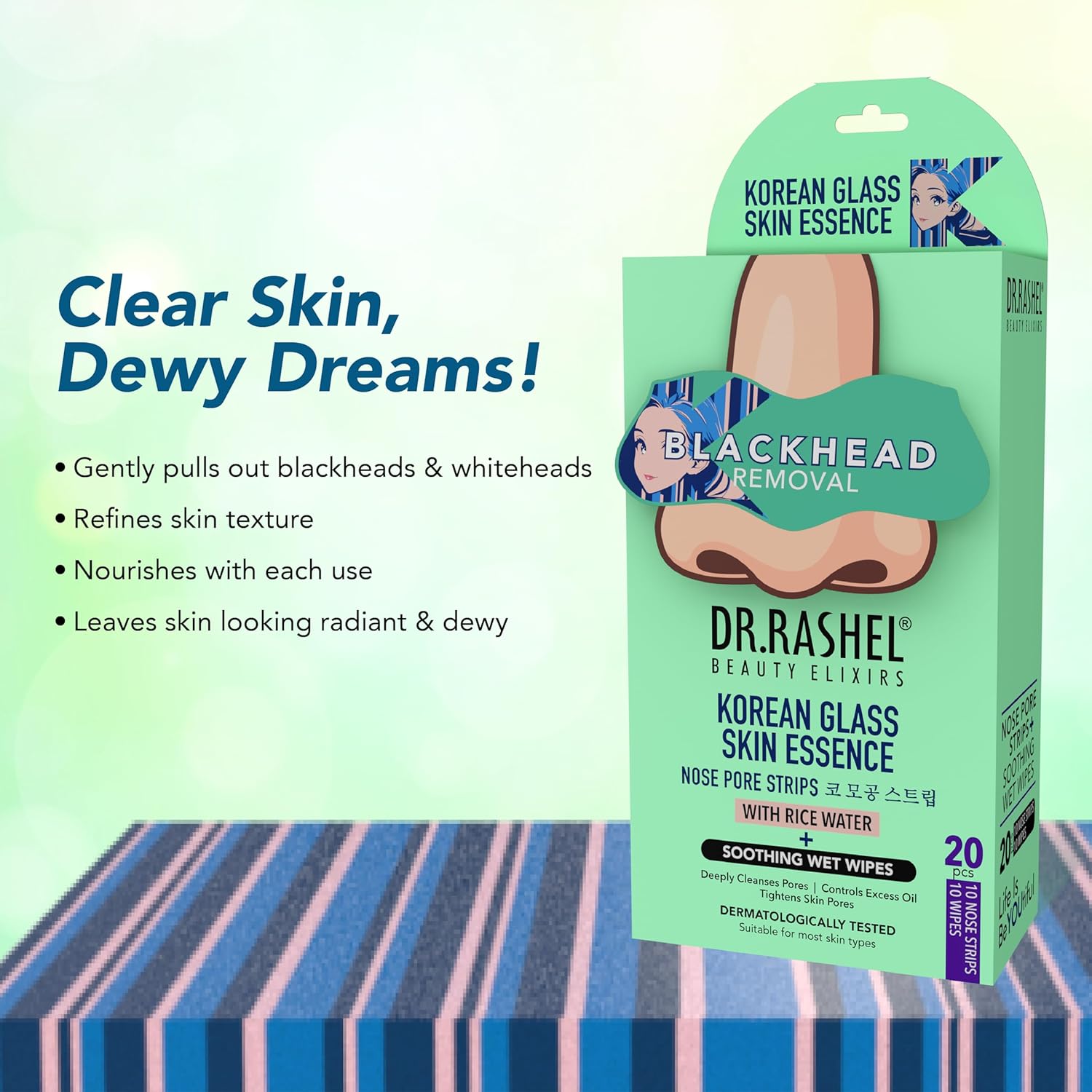 DR.RASHEL Korean Nose Pore Strips | With 1% ceramides and Rice Water| Deep Cleansing | Pore Tightening | Blackhead Removal | 10 Strips