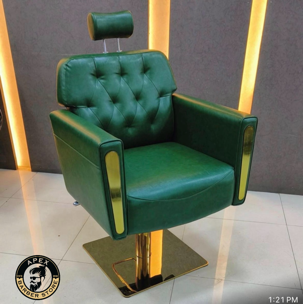 Premium Hydraulic Barber Chair with Cushioned Backrest – Green & Gold