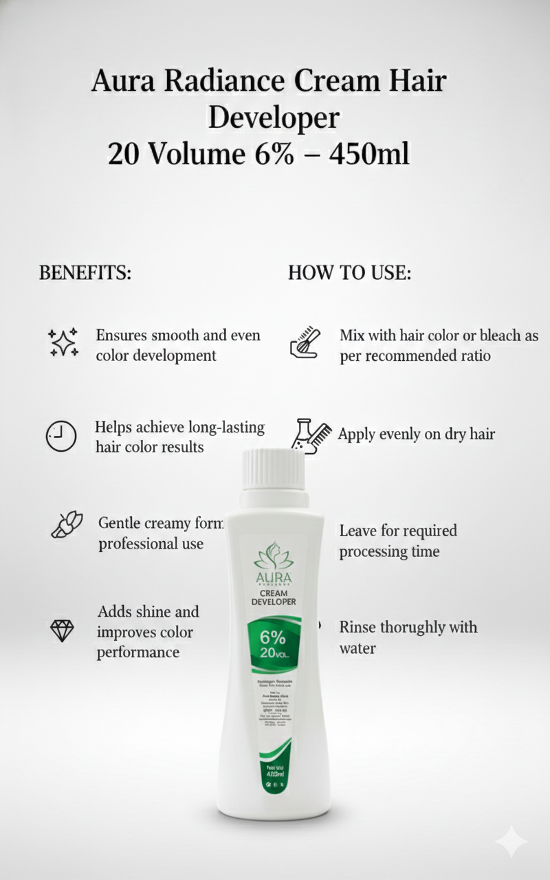 aura radiance professional Cream Developer 6% 20 volume for all types of hair color tubes