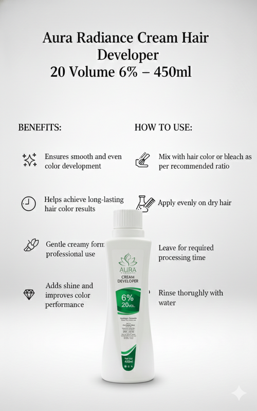 aura radiance professional Cream Developer 6% 20 volume for all types of hair color tubes