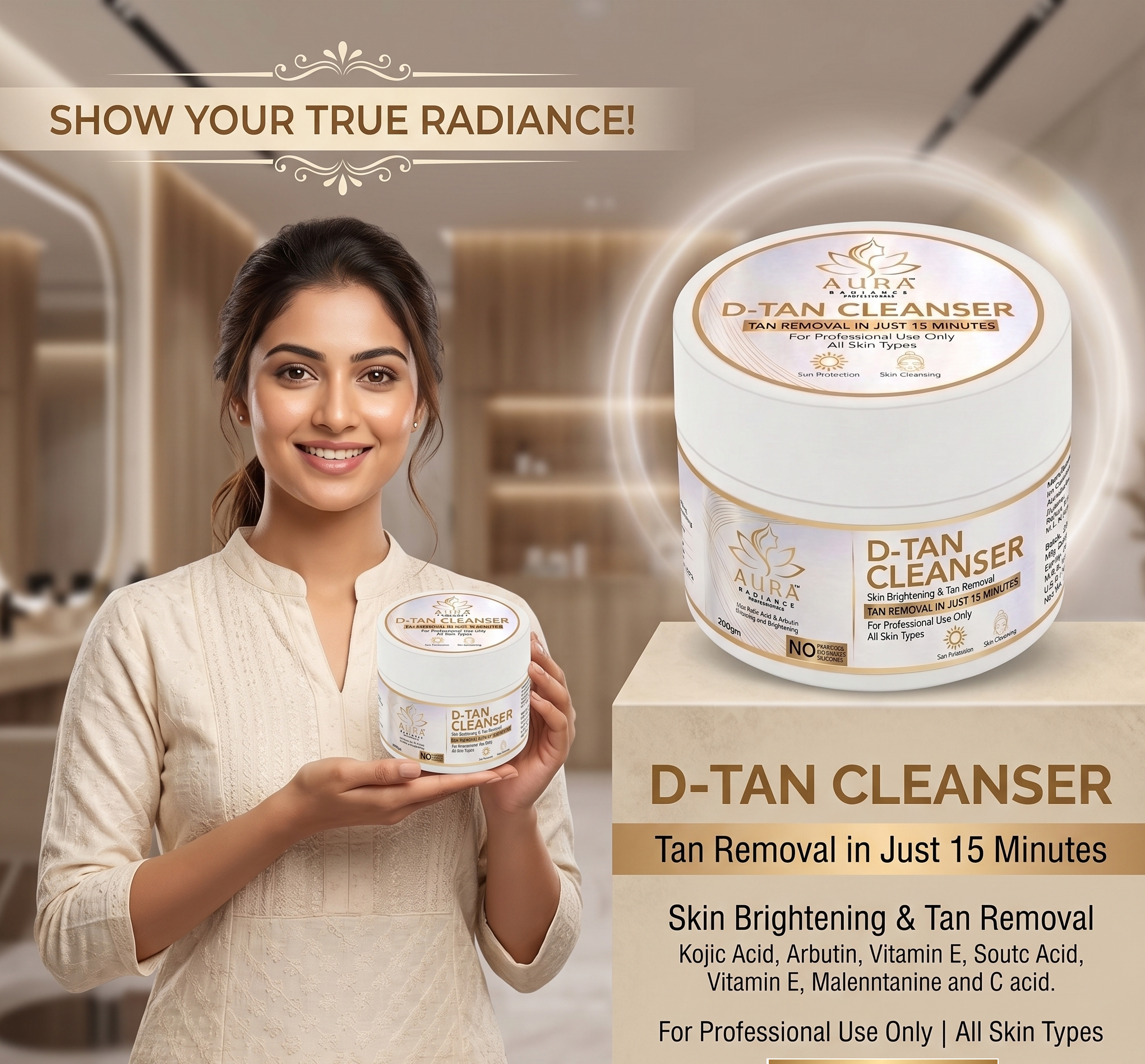 Aura Radiance Professional D tan Cleanser For instant brightening and Glowing Skin Tan removal (200 g)