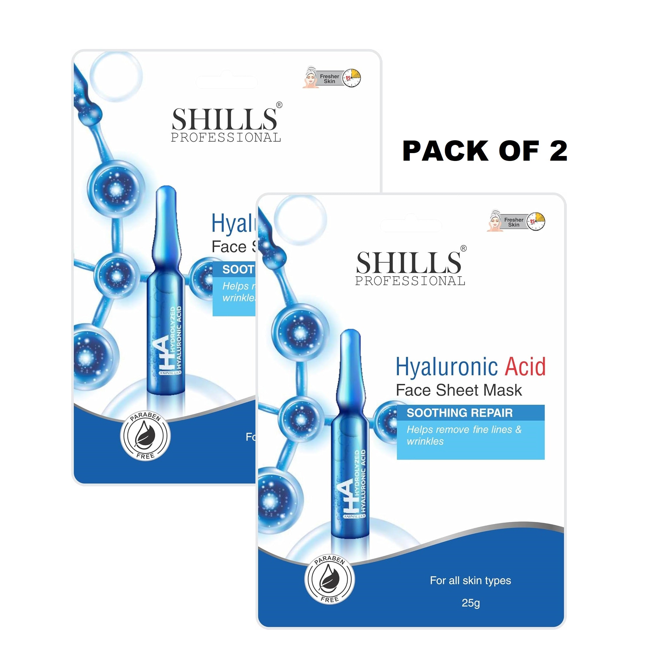 Shills Professional Hyaluronic Acid face sheet mask for all skin types 25gm each pack of 2