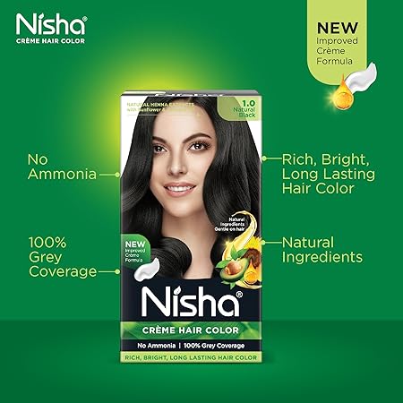 Nisha cream permanent hair color superior quality no ammonia cream formula permanent Fashion Highlights and rich bright long-lasting colour Natural Black (pack of 2)