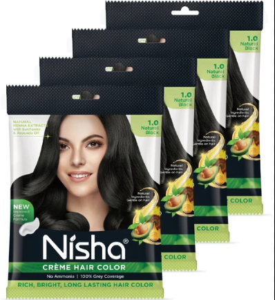 Nisha Creme Hair Color Pouch 40 gm ,Natural Black (Pack OF 10 ) , Natural Black